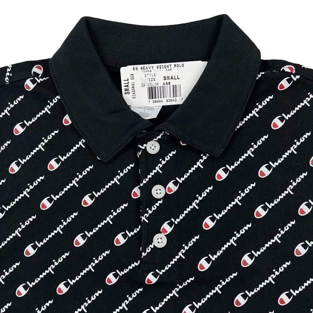 New Champion Men US S Small Black Polo Short Sleeve Logo Pattern 3-Button Jersey - Picture 4 of 10